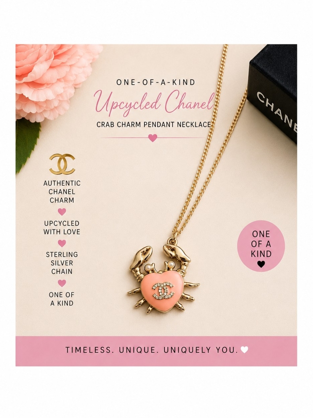 🦀✨ One-of-a-Kind Upcycled Chanel Crab Charm Necklace | Sterling Silver Chain ✨